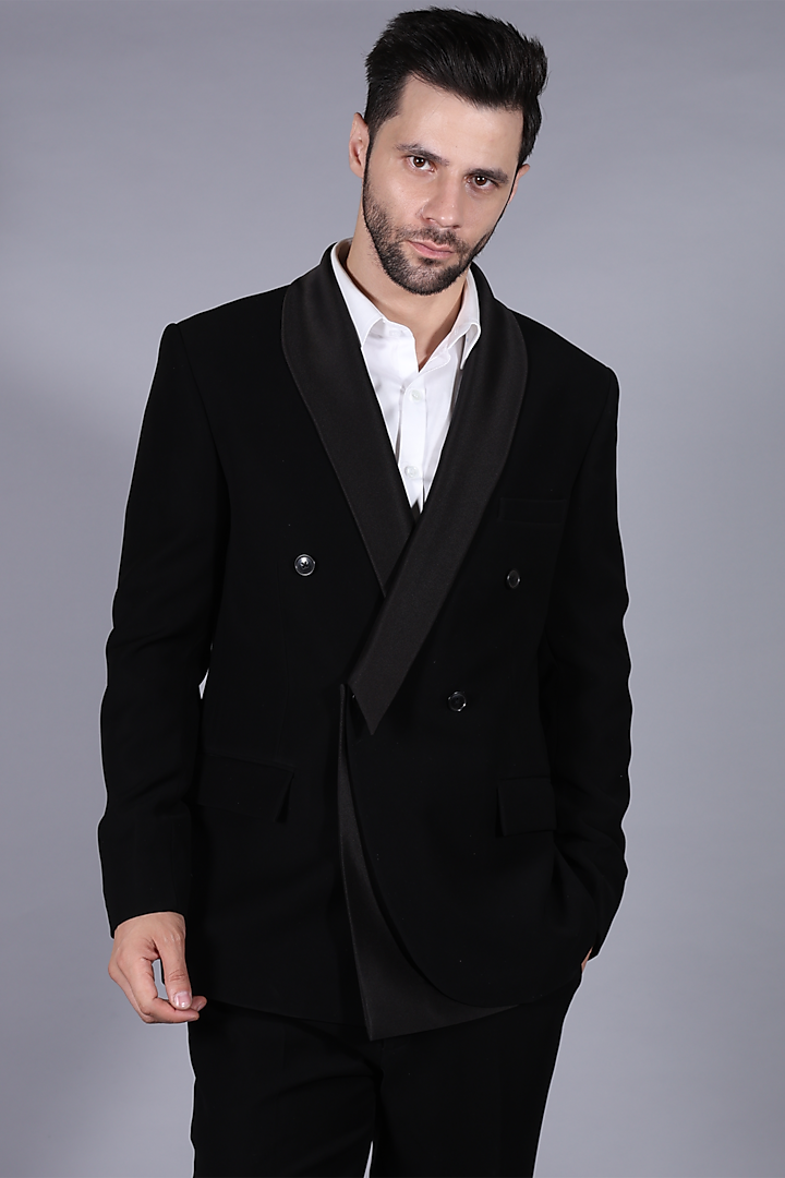 Black Suiting Fabric Tuxedo Set by Bharat Reshma at Pernia's Pop Up Shop
