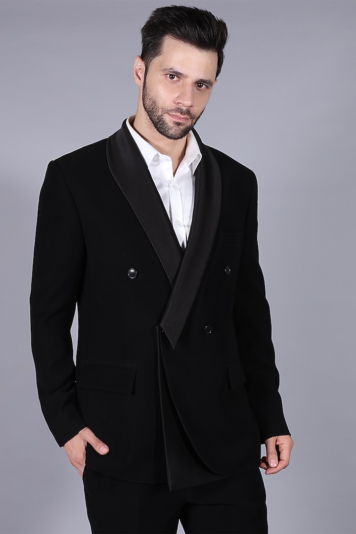 Black Suiting Fabric Tuxedo Set by Bharat Reshma at Pernia's Pop Up Shop