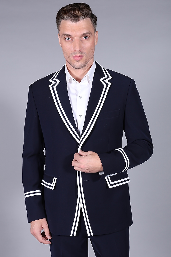 French Navy Suiting Fabric Blazer Set by Bharat Reshma at Pernia's Pop Up Shop
