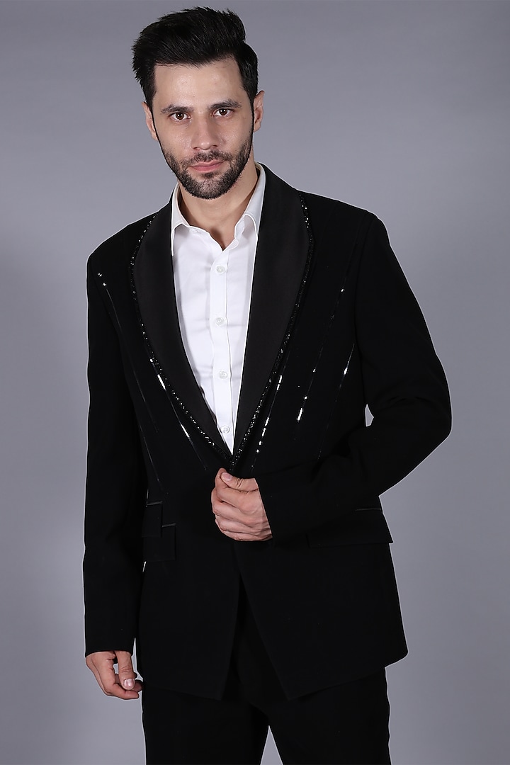 Black Japanese Suiting Fabric Blazer Set by Bharat Reshma at Pernia's Pop Up Shop