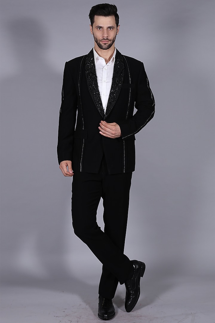 Black Japanese Suiting Fabric Tuxedo Set by Bharat Reshma