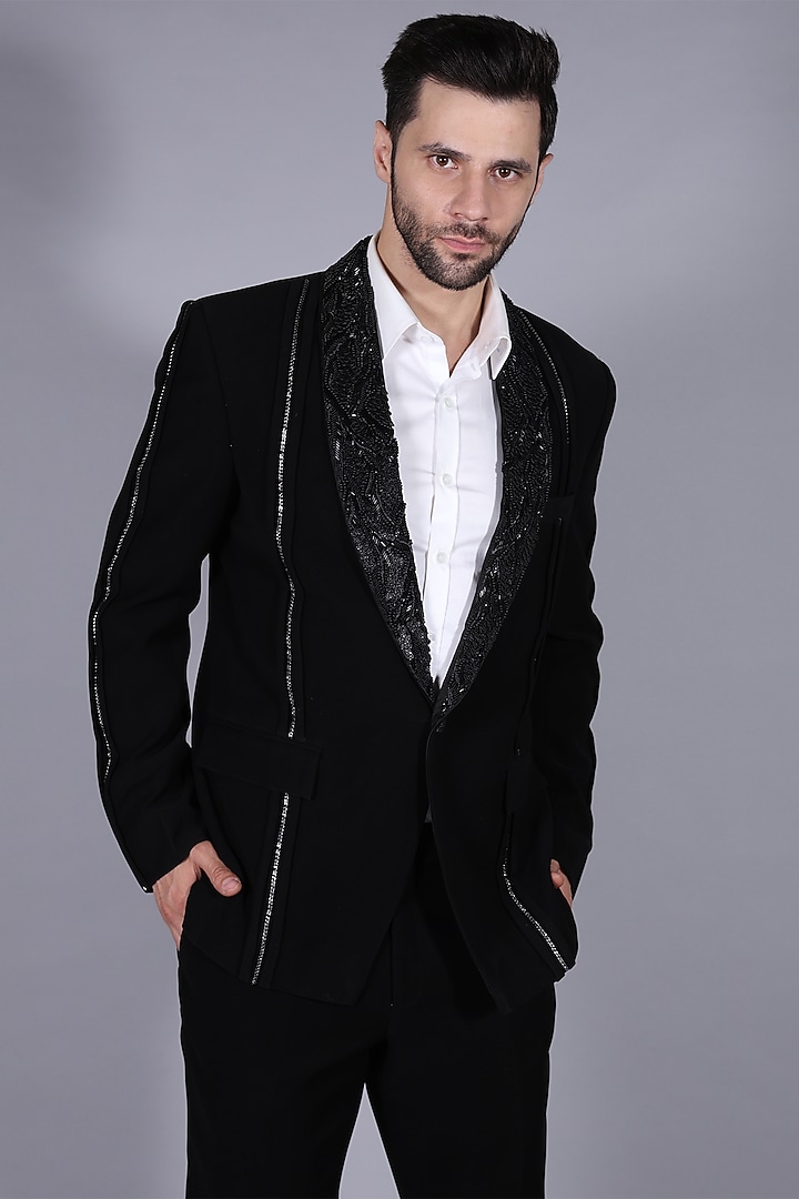 Black Japanese Suiting Fabric Tuxedo Set by Bharat Reshma at Pernia's Pop Up Shop