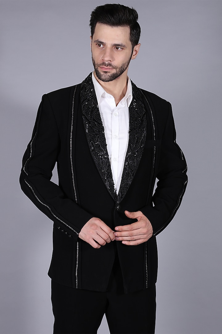 Black Japanese Suiting Fabric Tuxedo Set by Bharat Reshma at Pernia's Pop Up Shop