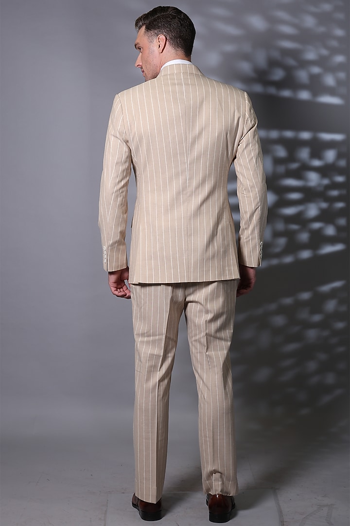 Beige Donatella Suiting Fabric Double-Breasted Blazer Set by Bharat Reshma at Pernia's Pop Up Shop