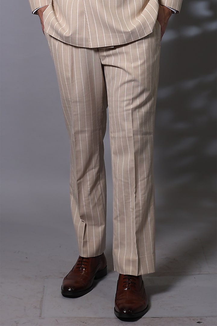 Beige Donatella Suiting Fabric Double-Breasted Blazer Set by Bharat Reshma at Pernia's Pop Up Shop