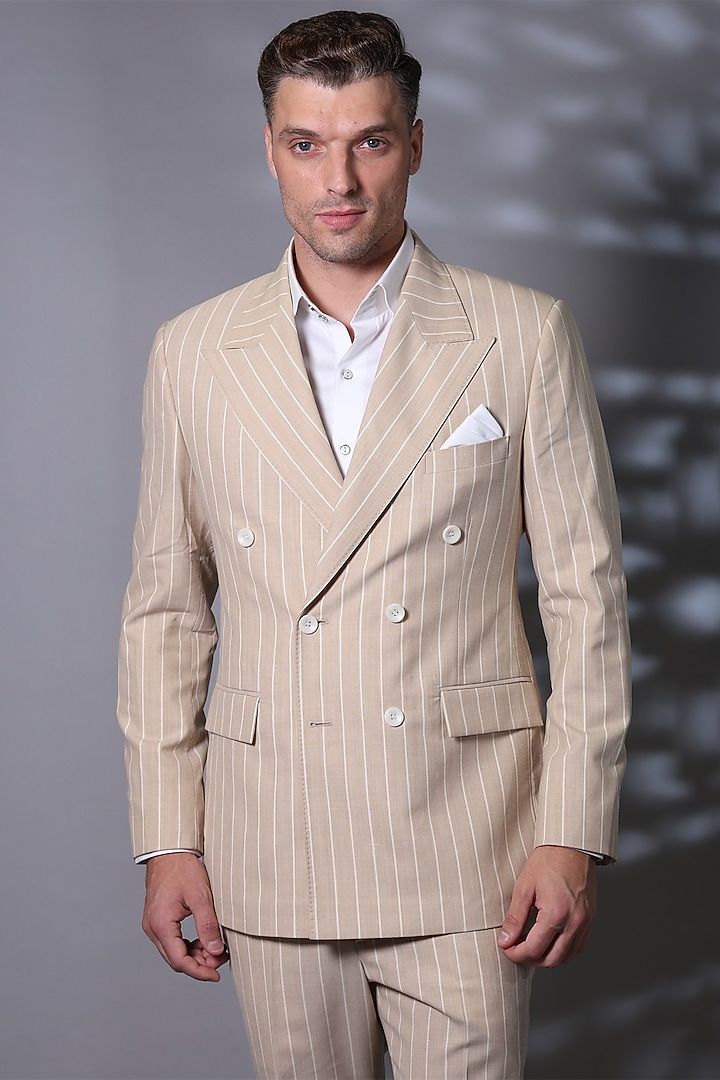 Beige Donatella Suiting Fabric Double-Breasted Blazer Set by Bharat Reshma at Pernia's Pop Up Shop