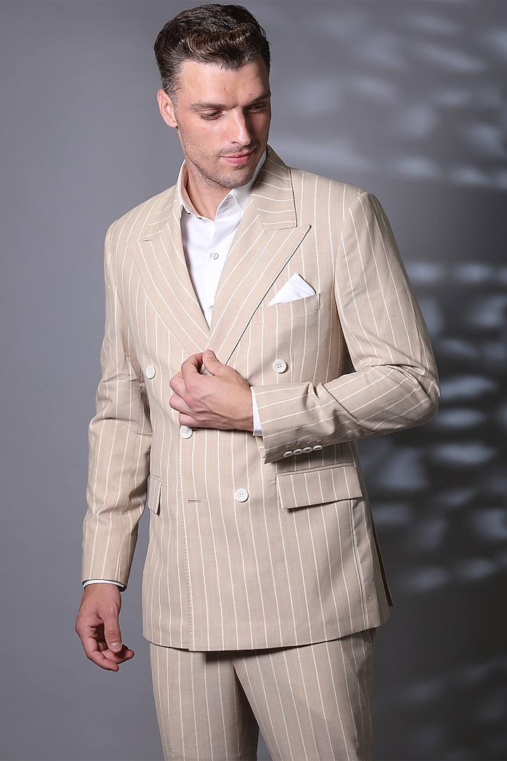 Beige Donatella Suiting Fabric Double-Breasted Blazer Set by Bharat Reshma at Pernia's Pop Up Shop