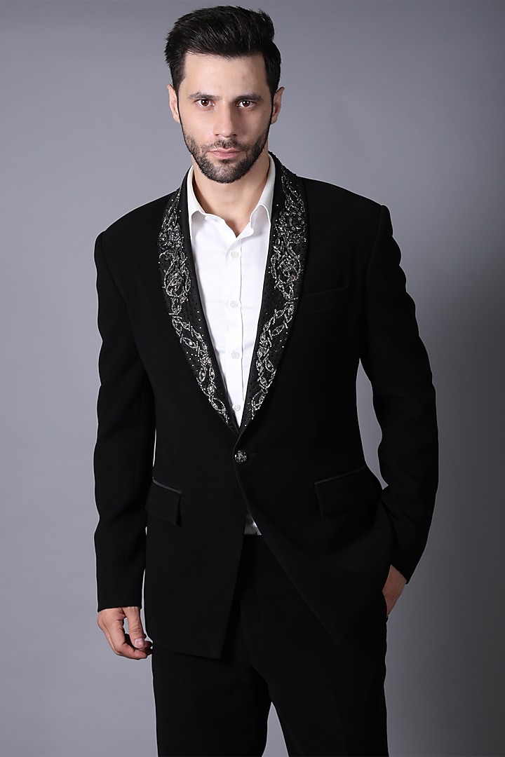 Black Japanese Suiting Fabric Floral Embroidered Blazer Set by