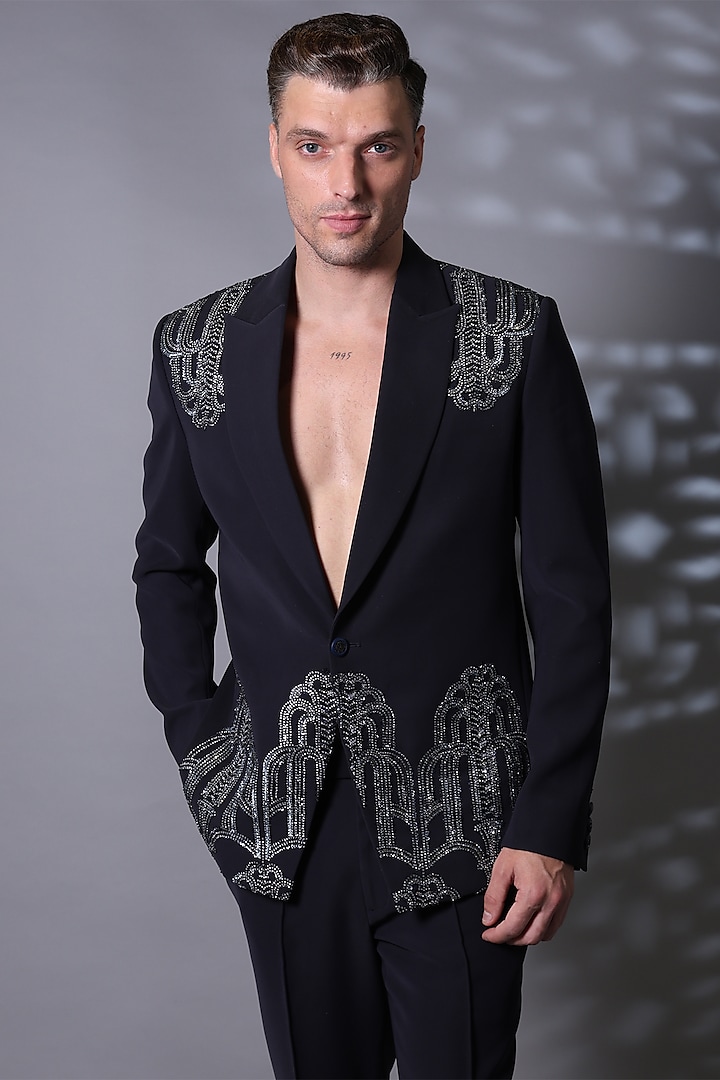 Grey Japanese Suiting Fabric Sequins Embroidered Blazer Set by Bharat Reshma at Pernia's Pop Up Shop