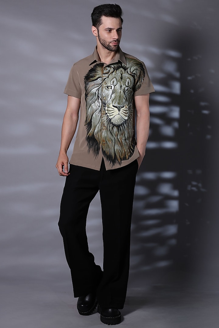 Almond-Colored Viscose Handpainted Wedding Shirt by Bharat Reshma at Pernia's Pop Up Shop