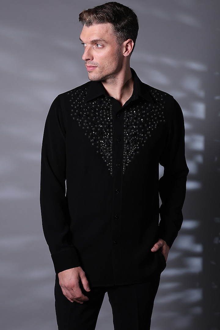 Noir Black Viscose Motifs Embroidered Shirt by Bharat Reshma at Pernia's Pop Up Shop