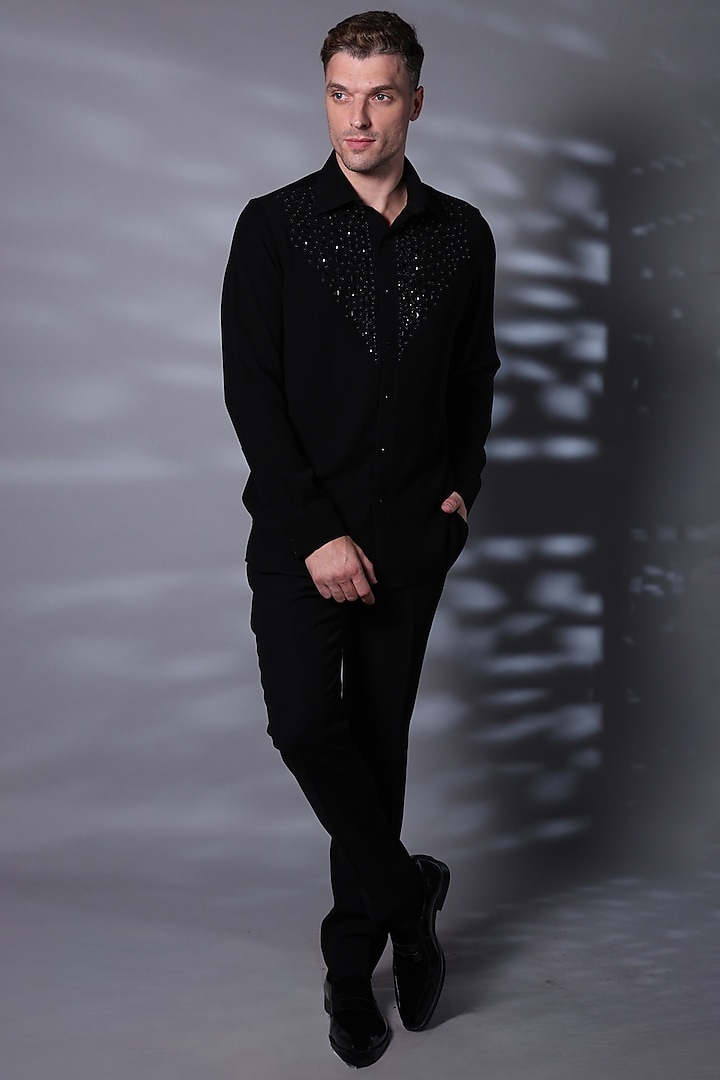 Noir Black Viscose Motifs Embroidered Wedding Shirt by Bharat Reshma at Pernia's Pop Up Shop