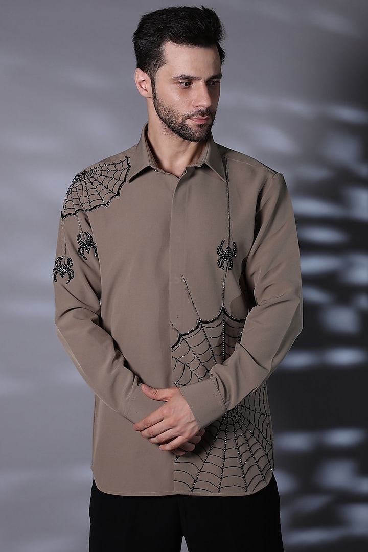 Almond-Colored Viscose Motifs Embroidered Shirt by Bharat Reshma at Pernia's Pop Up Shop