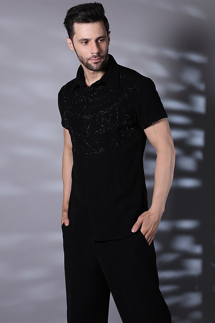 Black Viscose Motifs Embroidered Shirt by Bharat Reshma at Pernia's Pop Up Shop