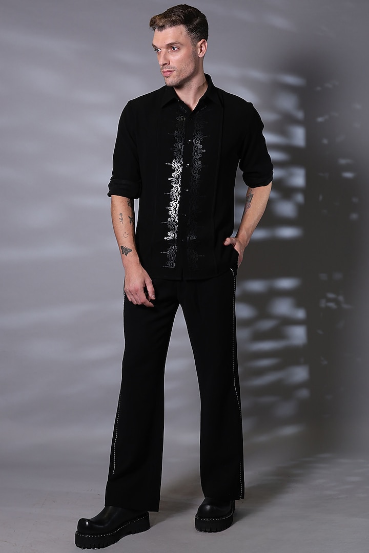 Black Viscose Leather Applique Work Wedding Shirt by Bharat Reshma at Pernia's Pop Up Shop