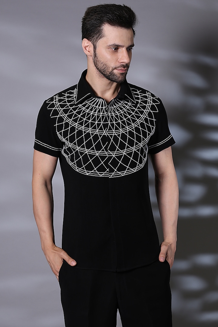 Black Viscose Thread Embroidered Shirt by Bharat Reshma at Pernia's Pop Up Shop