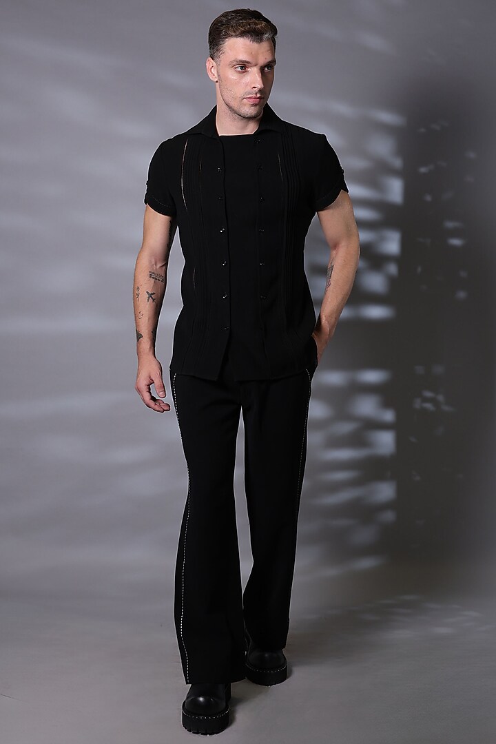 Black Viscose Pleated Wedding Shirt by Bharat Reshma at Pernia's Pop Up Shop
