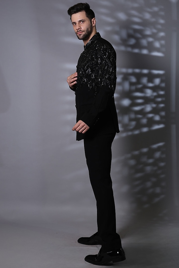 Black Japanese Suiting Fabric Cutdana Embroidered Wedding Bandhgala Set by Bharat Reshma at Pernia's Pop Up Shop