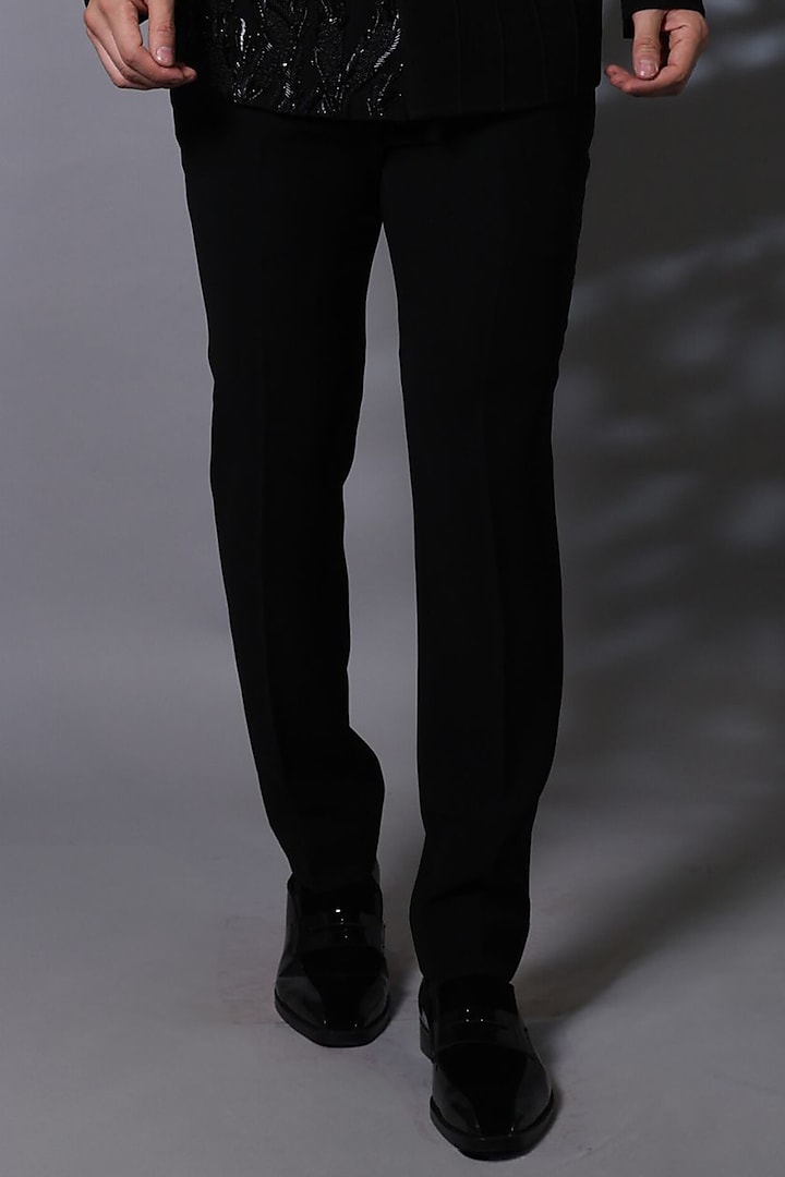 Black Japanese Suiting Fabric Cutdana Embroidered Wedding Bandhgala Set by Bharat Reshma at Pernia's Pop Up Shop
