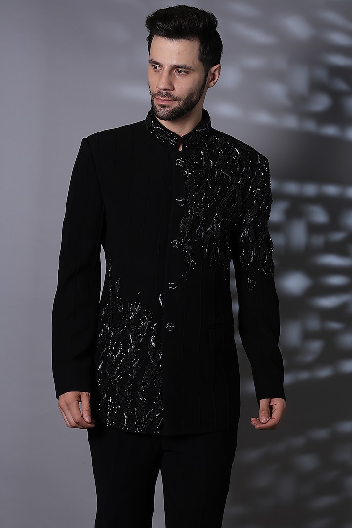 Black Japanese Suiting Fabric Cutdana Embroidered Wedding Bandhgala Set by Bharat Reshma at Pernia's Pop Up Shop