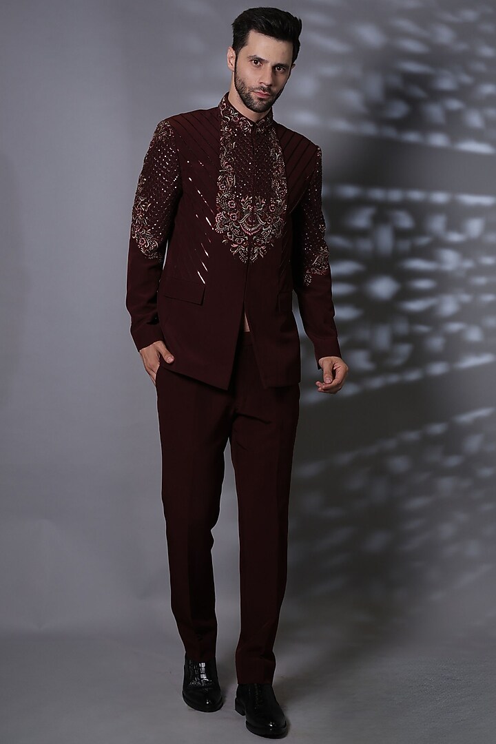 Ruby Japanese Suiting Fabric Thread Embroidered Wedding Bandhgala Set by Bharat Reshma at Pernia's Pop Up Shop