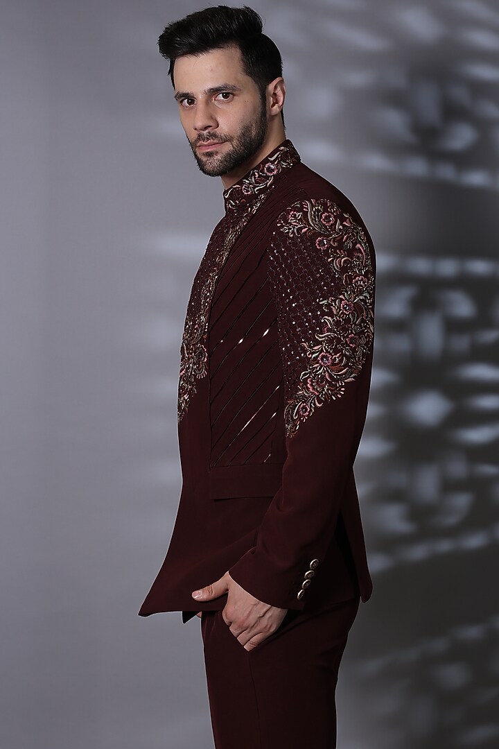 Ruby Japanese Suiting Fabric Thread Embroidered Wedding Bandhgala Set by Bharat Reshma at Pernia's Pop Up Shop