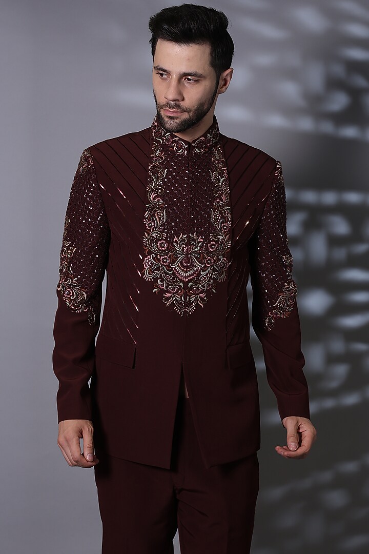 Ruby Japanese Suiting Fabric Thread Embroidered Wedding Bandhgala Set by Bharat Reshma at Pernia's Pop Up Shop