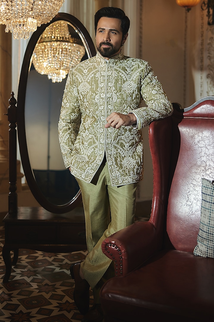 Pistachio Green Silk Resham Hand Embroidered Groom Bandhgala Set by Bharat Reshma at Pernia's Pop Up Shop