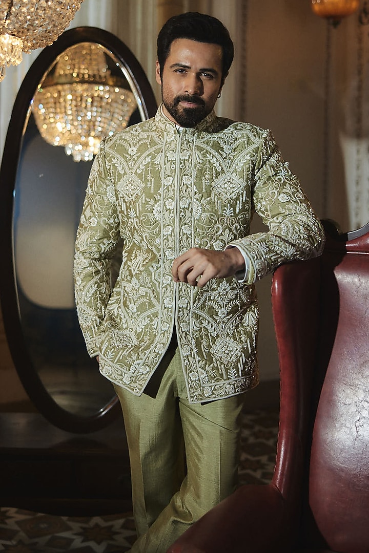 Pistachio Green Silk Resham Hand Embroidered Groom Bandhgala Set by Bharat Reshma at Pernia's Pop Up Shop