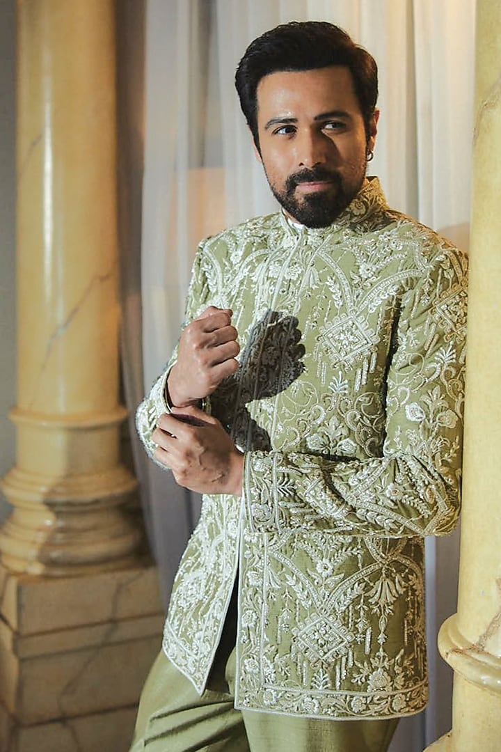 Pistachio Green Silk Resham Hand Embroidered Groom Bandhgala Set by Bharat Reshma at Pernia's Pop Up Shop