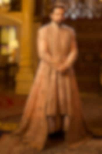 Peach Silk Dori Hand Embroidered Groom Sherwani Set by Bharat Reshma at Pernia's Pop Up Shop