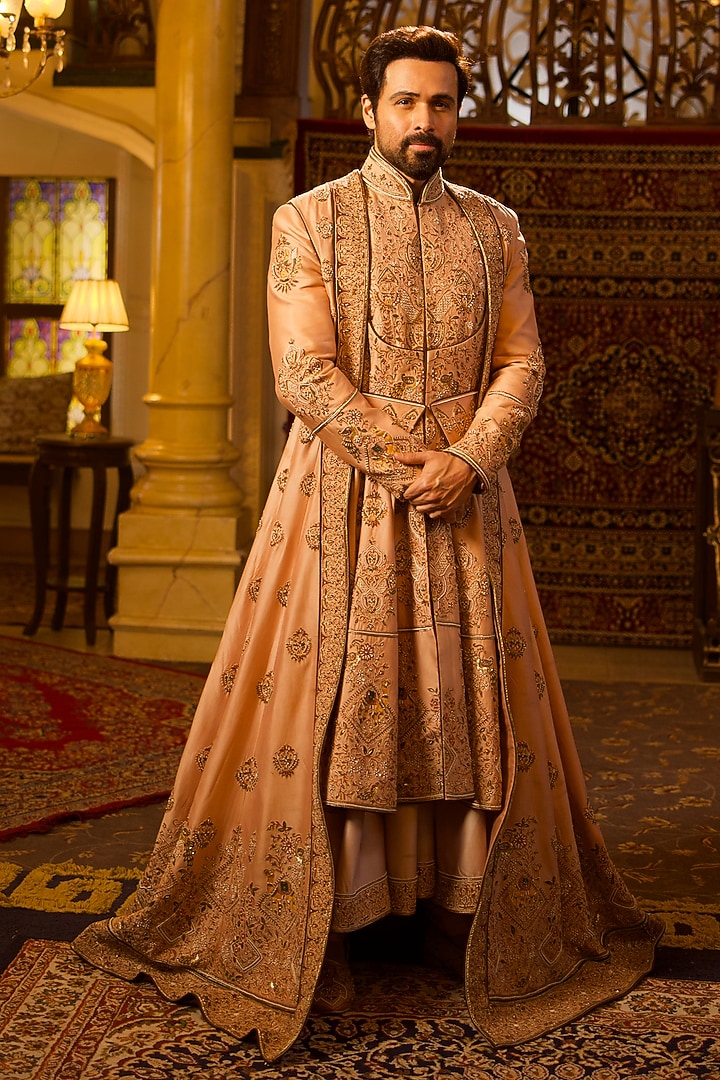 Peach Silk Dori Hand Embroidered Groom Sherwani Set by Bharat Reshma at Pernia's Pop Up Shop