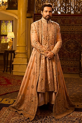 Peach Silk Dori Hand Embroidered Sherwani Set by Bharat Reshma
