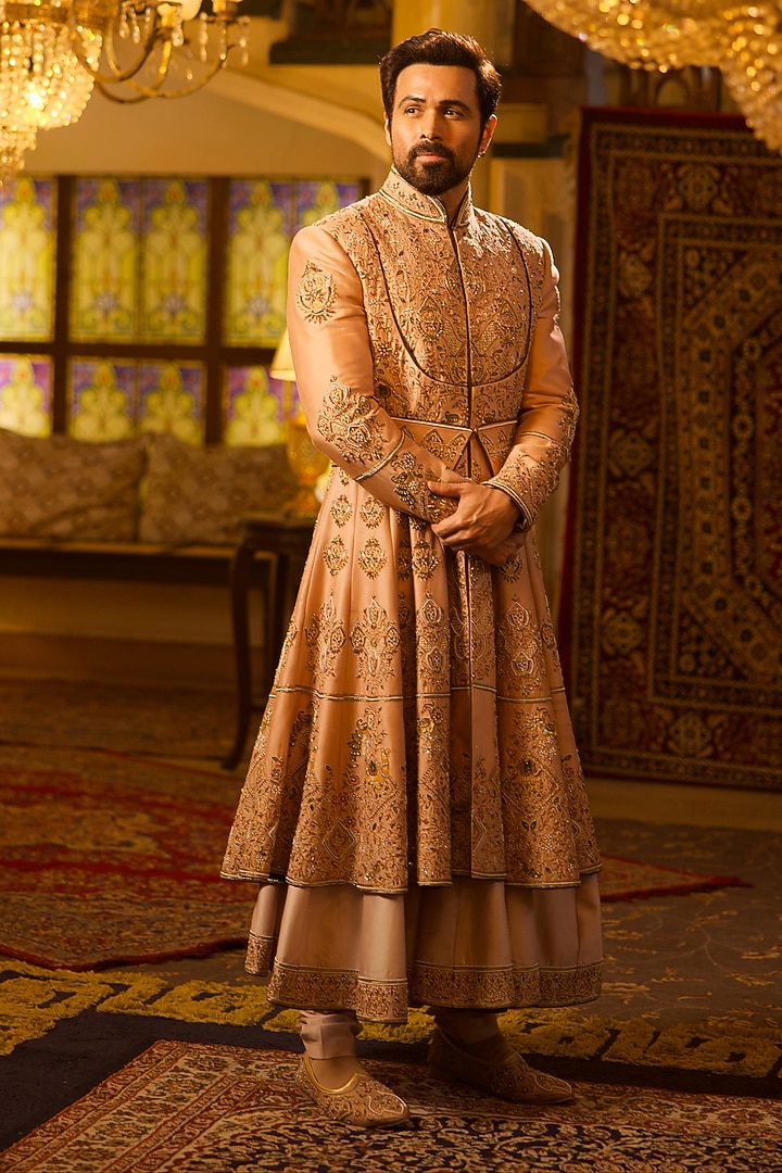 Peach Silk Dori Hand Embroidered Groom Sherwani Set by Bharat Reshma at Pernia's Pop Up Shop