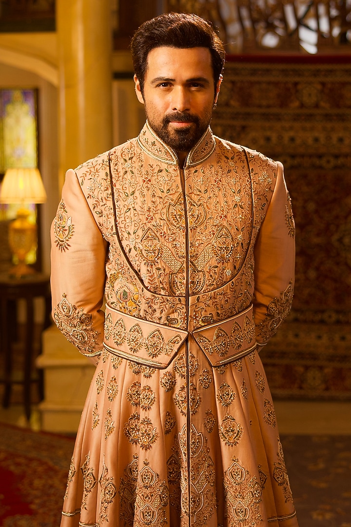 Peach Silk Dori Hand Embroidered Groom Sherwani Set by Bharat Reshma at Pernia's Pop Up Shop