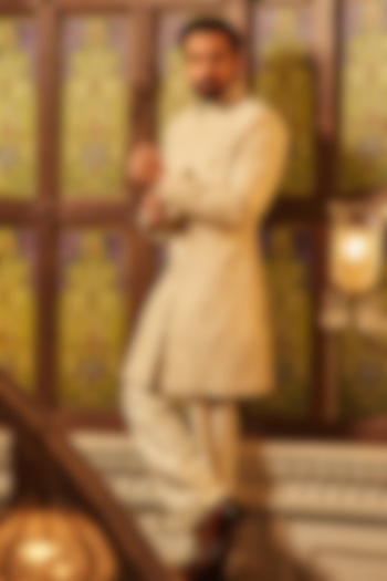 Ivory Premium Magna Hand Embroidered Indo-Western Set by Bharat Reshma at Pernia's Pop Up Shop