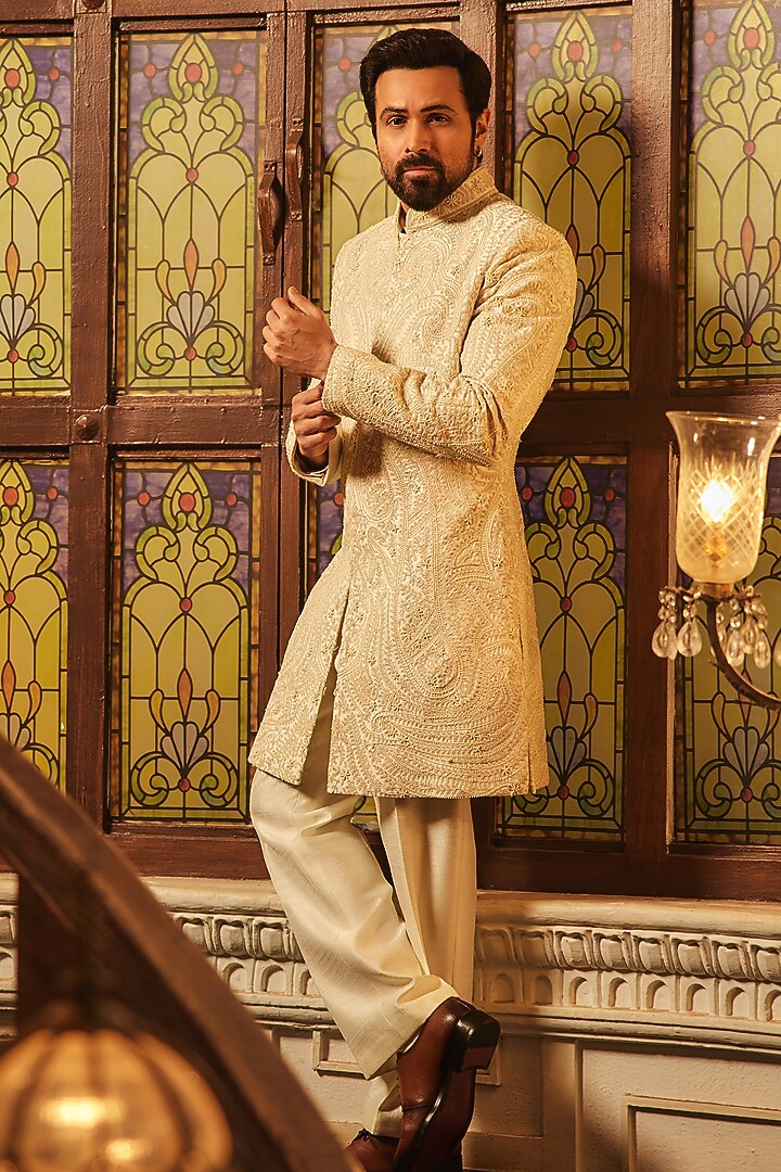 Ivory Premium Magna Hand Embroidered Indo-Western Set by Bharat Reshma at Pernia's Pop Up Shop