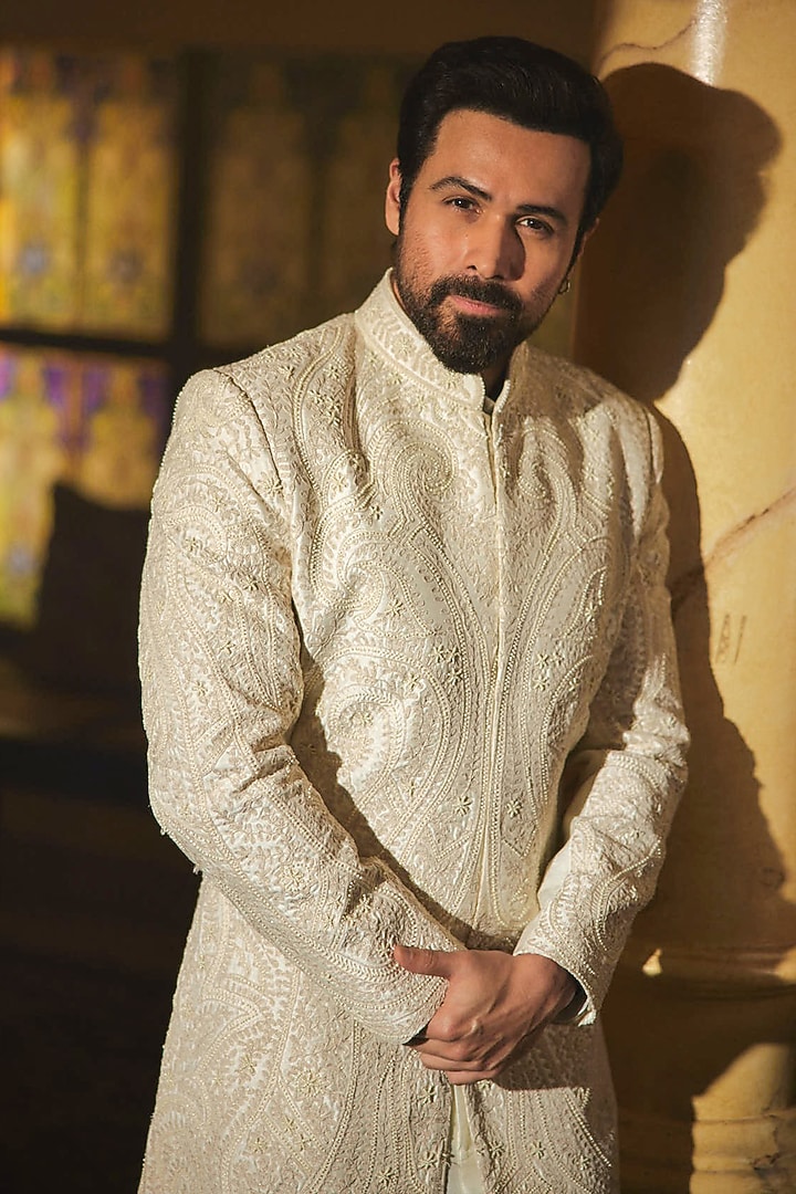 Ivory Premium Magna Hand Embroidered Indo-Western Set by Bharat Reshma at Pernia's Pop Up Shop