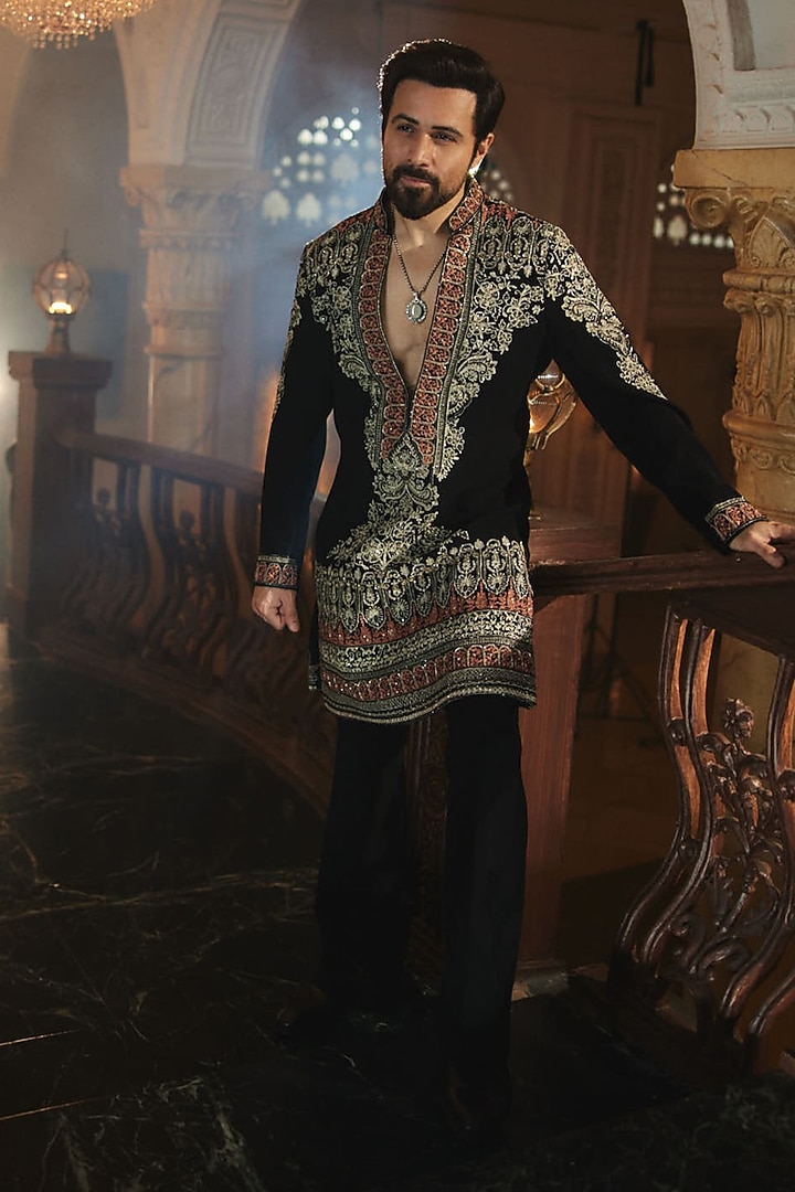 Black Premium Magna Hand Embroidered Kurta Set by Bharat Reshma at Pernia's Pop Up Shop
