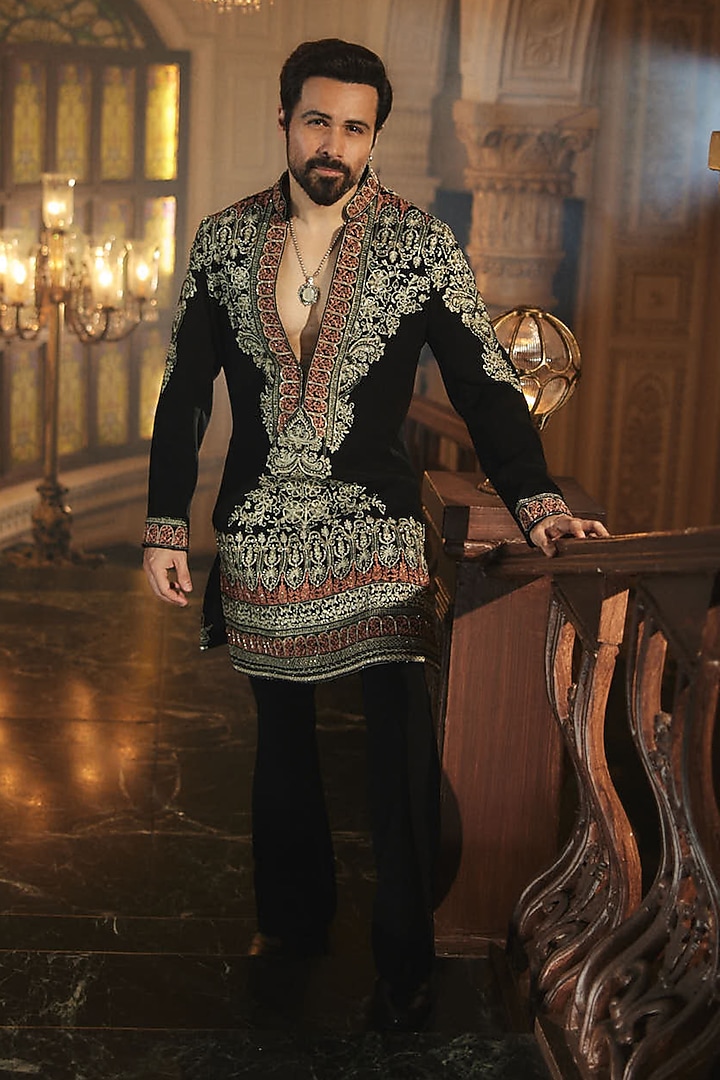 Black Premium Magna Hand Embroidered Kurta Set by Bharat Reshma at Pernia's Pop Up Shop