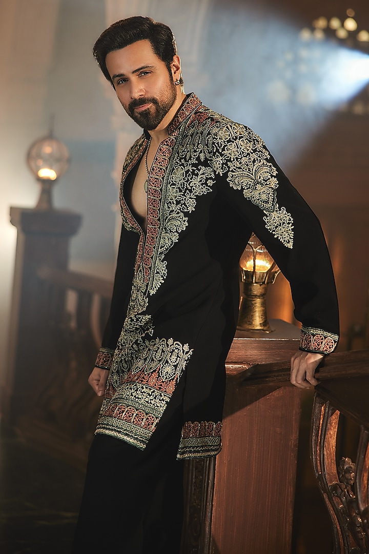 Black Premium Magna Hand Embroidered Kurta Set by Bharat Reshma at Pernia's Pop Up Shop