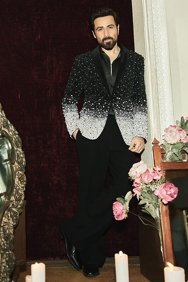 Black Premium Suiting Magna Embroidered Tuxedo Set by Bharat Reshma at Pernia's Pop Up Shop