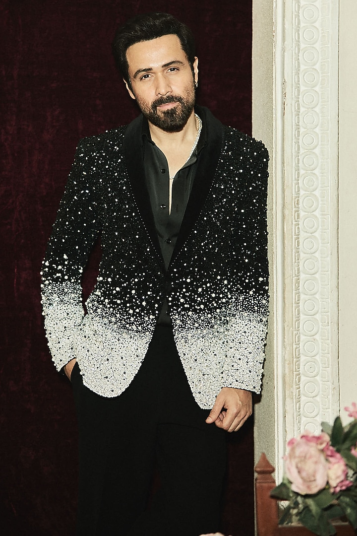 Black Premium Suiting Magna Embroidered Tuxedo Set by Bharat Reshma at Pernia's Pop Up Shop