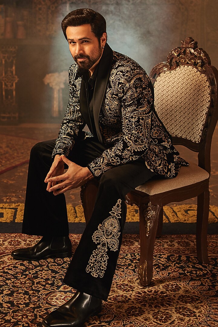 Black Cotton Velvet Dori Embroidered Tuxedo Set by Bharat Reshma at Pernia's Pop Up Shop