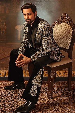 Black Cotton Velvet Dori Embroidered Tuxedo Set by Bharat Reshma