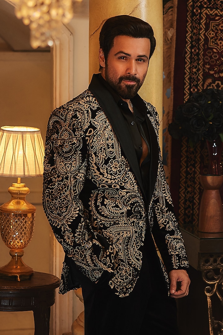 Black Cotton Velvet Dori Embroidered Tuxedo Set by Bharat Reshma at Pernia's Pop Up Shop