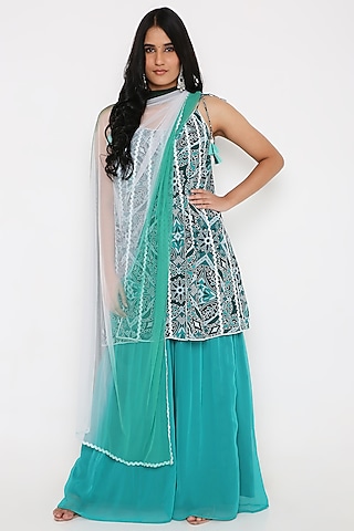 Green Georgette Sharara Set by Bha-sha