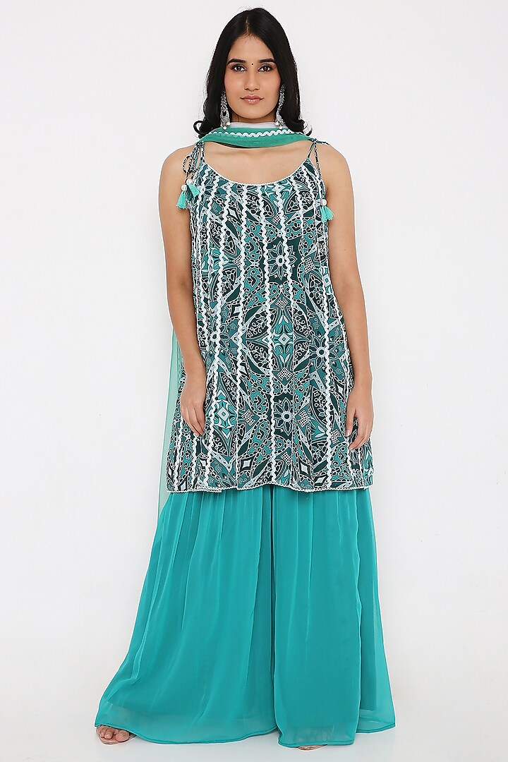 Green Georgette Sharara Set by Bha-sha at Pernia's Pop Up Shop