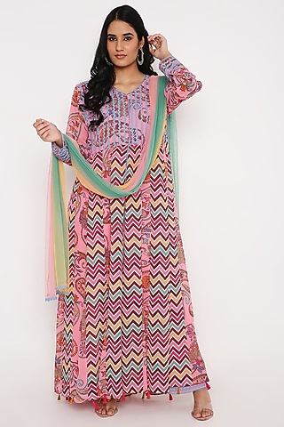Pink Georgette Digital Printed Anarkali Set by Bha-sha