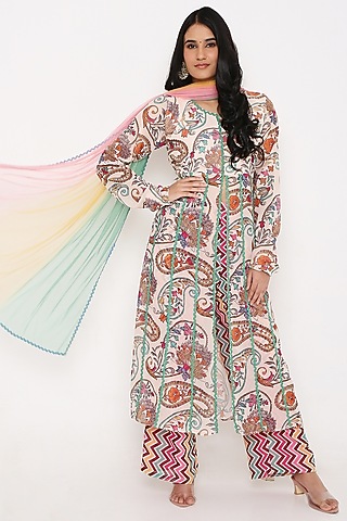 Ivory Georgette Digital Printed Anarkali Set by Bha-sha
